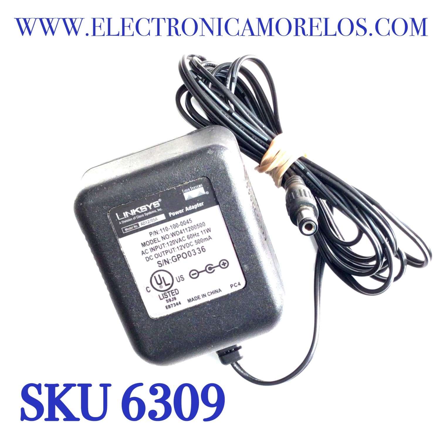 CARGADOR / ADAPTADOR DE FUENTE DE ALIMENTACION LINKSYS / VCA-VCD / NUMERO DE PARTE 110-100-0045 / SPO0336 / ENTRADA VCA 120V 60HZ 11W / SALIDA VCD 12V 500MA / MODELO WD411200500